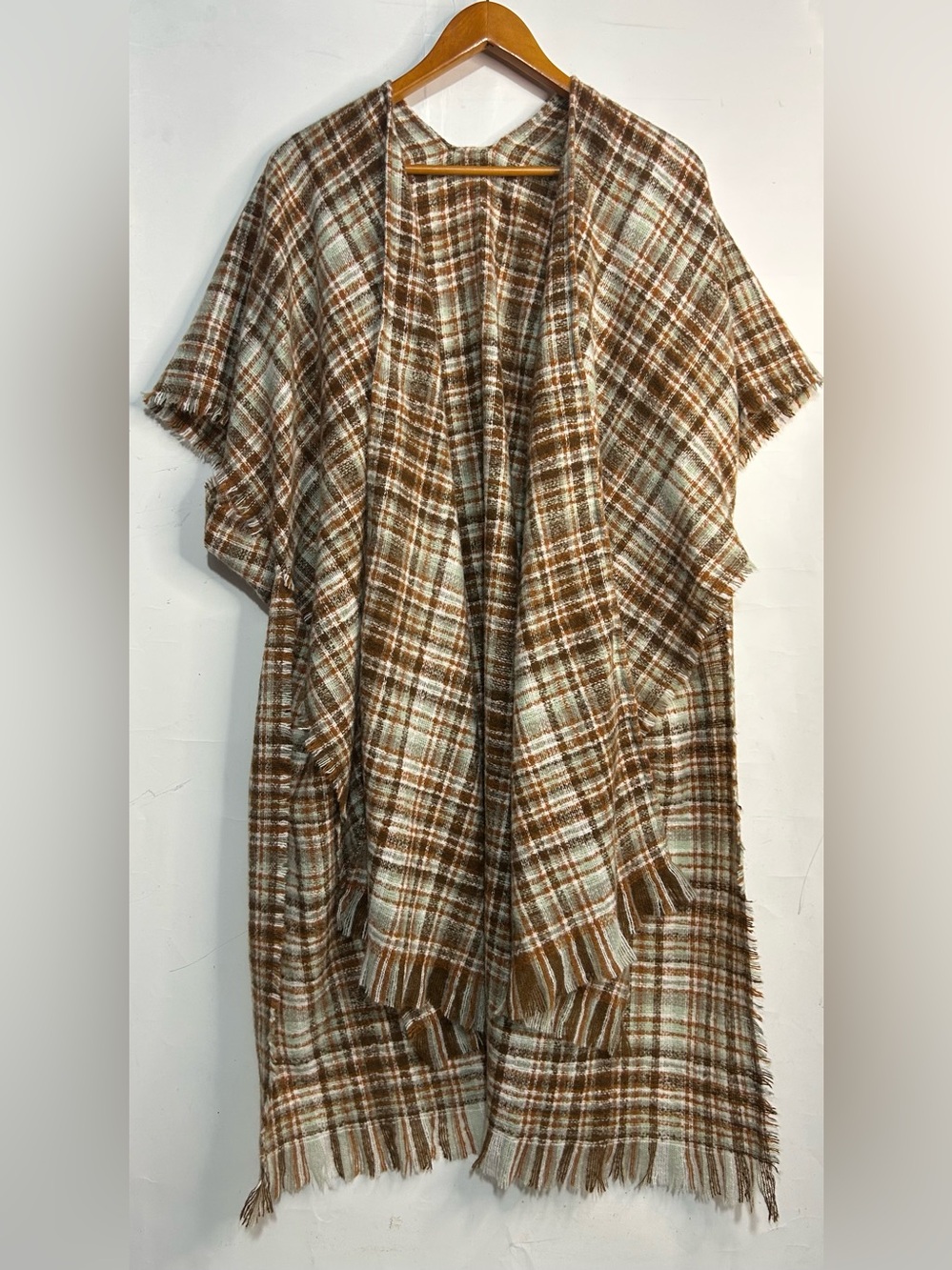 Plaid Brown & Beige Soft Knit Fringe Hem Open Front Duster Sweater One Size